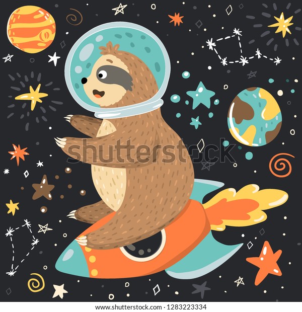 笑顔のかわいい赤ちゃんスロット宇宙飛行士がロケットに乗り 星 月 惑星の間の広い空間を飛ぶ 子どもっぽく愛らしい動物のイラスト ヘルメットのベクター漫画のおかしなナマケモノ のベクター画像素材 ロイヤリティフリー