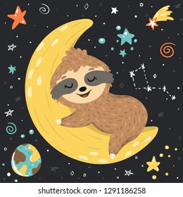 Smiling cute baby sloth sleeping on the moon in the open space among stars, planets. Adorable animal illustration in the childish style. Vector hand drawn cartoon funny sloth