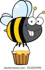 Smiling Cute Bee Cartoon Character Flying With A Honey Bucket