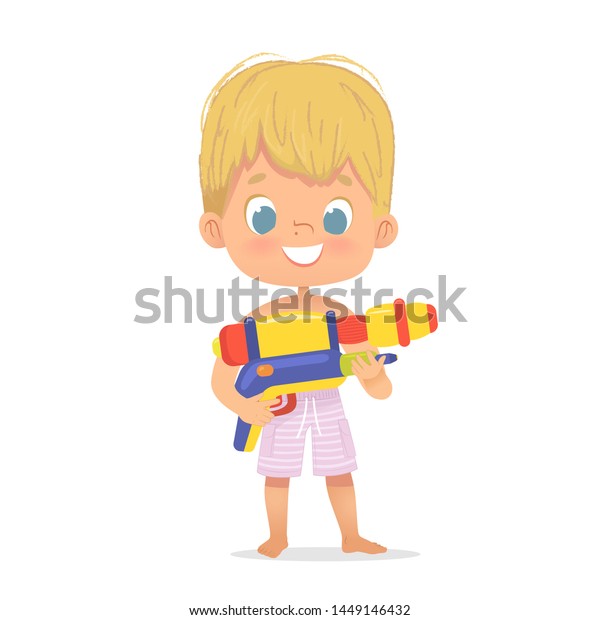 おもちゃの水鉄砲のポーズをとったかわいい金髪の少年に笑いかける トイガンを持つプールパーティーのキャラクター ビーチボーイキャラクター のベクター画像素材 ロイヤリティフリー