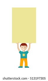 Smiling cute boy character holding blank cardboard placard above head flat vector illustration isolated on white background. Message board with copy space. Presentation, advertising, promotions design