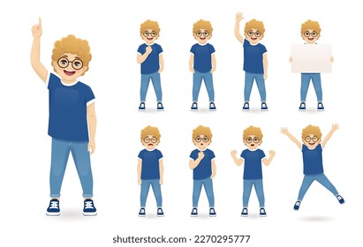 Smiling cute boy in glasses different poses set. Various kid gestures - thinking, angry, crying, jumping, welcoming, holding empty blank board and making idea pointing up isolated vector illustration