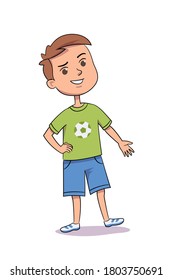 Smiling cute boy pointing hand to side, isolated person on white background. Vector character illustration of children gestures, emotions, types of moods