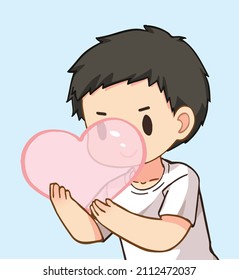 A smiling cute boy in a white T-shirt is giving a pastel pink heart to his lover or girlfriend. Happy moment in valentine's day or a white day full of love. Pastel color cartoon vector illustration