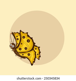 Smiling cute butterfly with blank frame for your text on beige background.