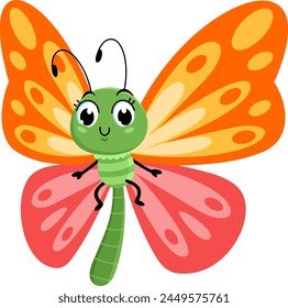 Smiling Cute Butterfly Cartoon Character Flying. Vector Illustration Flat Design Isolated On Transparent Background