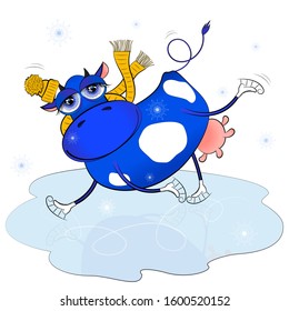 Smiling cute cartoon character of a funny blue cow wearing a scarf having fun skating on ice rink for your design