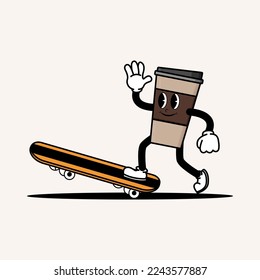 Smiling cute cartoon coffee mascot character playing skateboard. Vintage style drink illustration concept