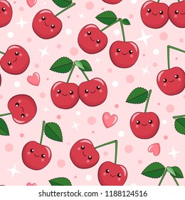 Smiling Cute Cartoon Kawaii Berries Of Cherry, Seamless Vector Background