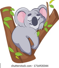 Smiling cute cartoon koala sleeping on the tree.