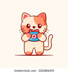 smiling cute cat with camera in hand. Flat cartoon style. Vector illustration.