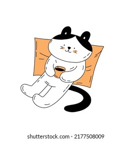 Smiling cute cat character hand drawn flat illustration in minimal style isolated on white.