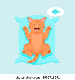 Smiling cute cat lying on a pillow and thinking about a fish. Flat vector illustration.