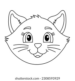 Diseño Sonriente De Contorno De Gato Cuto En Fondo Blanco. Ilustración del vector de dibujos animados Kitty Face. Página Coloración de Gatos. Silhouette de contorno de cabeza de gatito. Diseño Para Gráficos De Camisetas, Impresiones De Moda