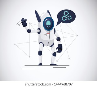 smiling cute chatbot greeting and shaking hands helping solve a problems. with text bobble. greeting moves. vector illustration. isolated on white background.