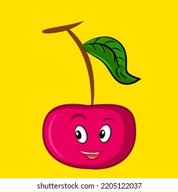 Smiling cute cherry, clip art isolated on yellow background suitable for sticker print design, illustration or collection.
