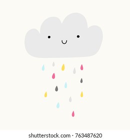Smiling cute cloud with colorful raindrops. Illustration for baby shower card or nursery art. 