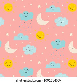 Smiling Cute Clouds Pattern Background. Vector Illustration.