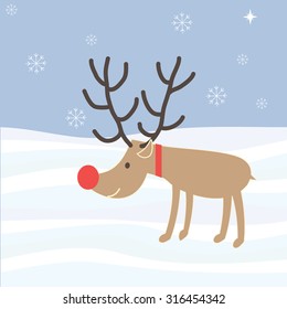 Smiling cute deer in the woods on a background of snowflakes