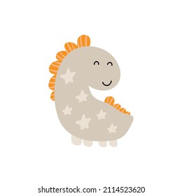 Smiling cute dino. Vector baby hand drawn dinosaur. Sweet Cool illustration for nursery t-shirt, kids apparel boy, invitation, simple scandinavian child design.