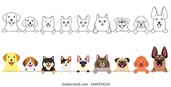 smiling cute dogs and cats border set