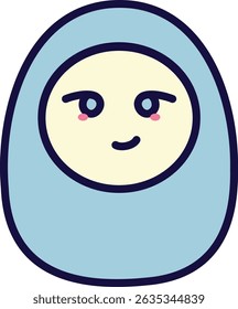 Ícone de boneca bonito sorridente com bochechas vermelhas e capuz azul macio