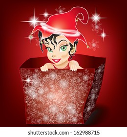 Smiling and Cute Elf in a Parcel in Red