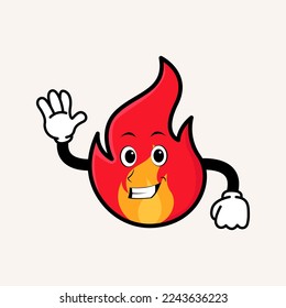 Smiling cute fire cartoon mascot character. Doodle vintage style fire illustration concept