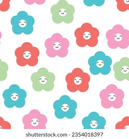 Smiling cute floral pattern, seamless cartoon background, vector illustration, wallpaper, textile, bag, garment, fashion design