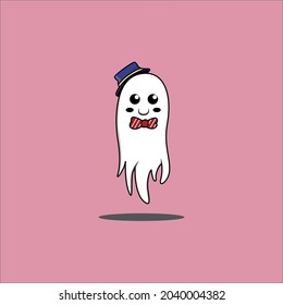 un fantasma lindo sonriente con sombrero de punta y ilustración de personaje vector bowtie