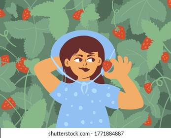 Smiling cute girl eating ripe strawberry. Young woman in blue dress holding red berry in hand. Enjoy of summer time in nature, garden activities. Little lady lying in green leaves vector illustration