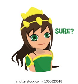 Smiling cute girl in green traditional clothes asking question for make sure