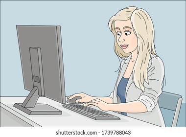 Smiling cute girl in grey business suit, in an office, at a desk, working at a desktop computer, vector cartoon illustration