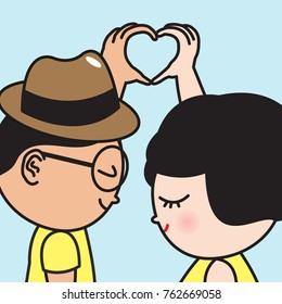 Smiling Cute Girl And Her Boyfriend Making Shape Of Heart By Their Hands Together Concept Card Character illustration