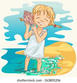 Smiling cute girl holding a seashell close to ear enjoying sound of sea