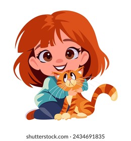 Smiling cute girl kid hugging happy ginger tabby cat. Cartoon flat vector isolated illustration