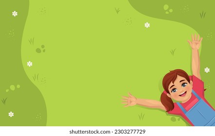 Niña linda sonriente tendida sobre la hierba. Ilustración vectorial aislada del día de los niños felices de verano