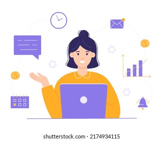 Smiling and cute girl manager with multitasking skills is sitting at a laptop. Office worker or freelancer. Concept of multitasking and being able to use your time productively. Vector 