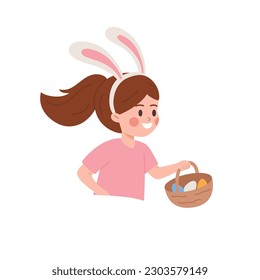 Smiling cute girl running with basket of Easter eggs, cartoon flat vector illustration isolated on white background. Kid playing egg hunt game, wearing bunny ears. Spring holiday celebration.