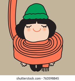 Smiling Cute Girl Showing The Best Way To Tie A Long Scarf Around The Neck To Keep Warm In Winter Concept Card Character illustration