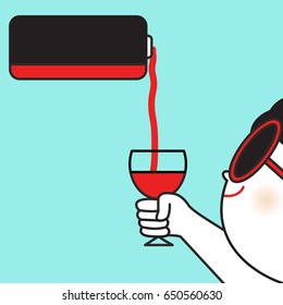 Smiling Cute Girl Waiting For The Pouring Wine From Charging Battery Into Her Glass Concept Card Character illustration
