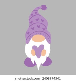Smiling cute gnome with a heart. Funny character. Hand drawn flat vector illustration isolated on white. Great for Valentine's day cards. Lilac, purple and red colors, Vector files for Cricut