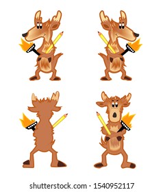 Smiling cute happy deer mascot package with creative tools. isolated on white background. Vector mascot cartoon illustration.
