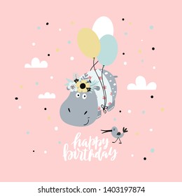 Smiling cute hippopotamus flying with balloons and text - Happy Birthday. Isolated cartoon illustration for kids. Positive postcard or poster.