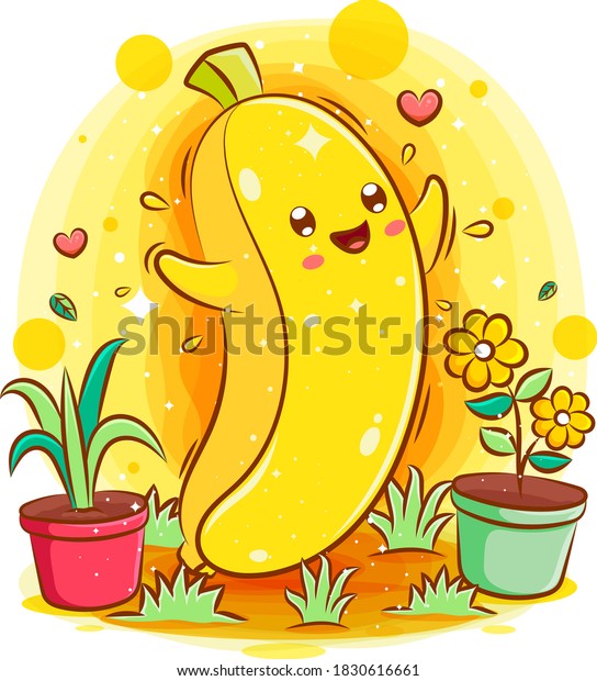 笑顔のかわいいバナナキャラクターのかわいいかわいい漫画 のベクター画像素材 ロイヤリティフリー