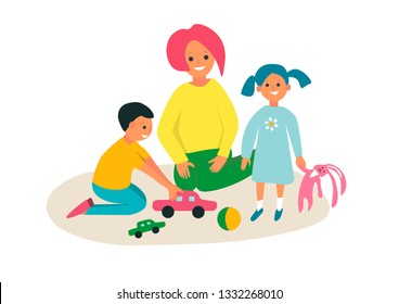 Smiling cute kids with babysitter playing with toys in kindergarten. A boy and a girl spend time with a teacher. Vector illustration in cartoon style.