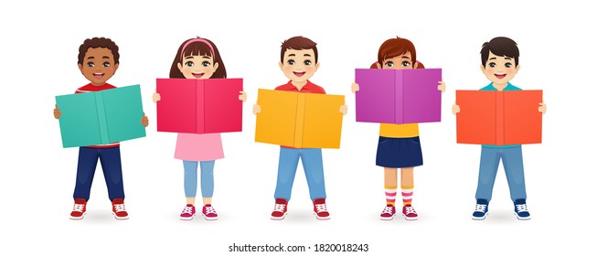 Smiling cute kids boys and girls holding books isolated vector illustration. Multiethnic happy children reading.