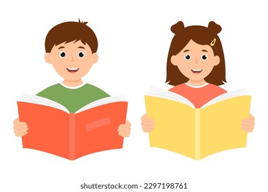 Smiling cute kids holding open book. Happy children  reading a book. Vector illustration isolated