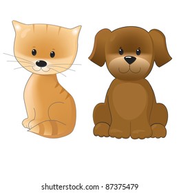 smiling cute kitten and puppy isolated on white background