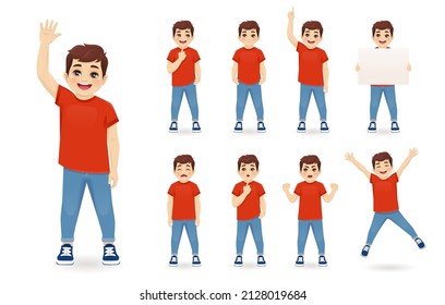 Smiling cute little boy in different poses set. Various kid gestures - thinking, angry, crying, jumping, welcoming, holding empty blank board and making idea pointing up isolated vector illustration